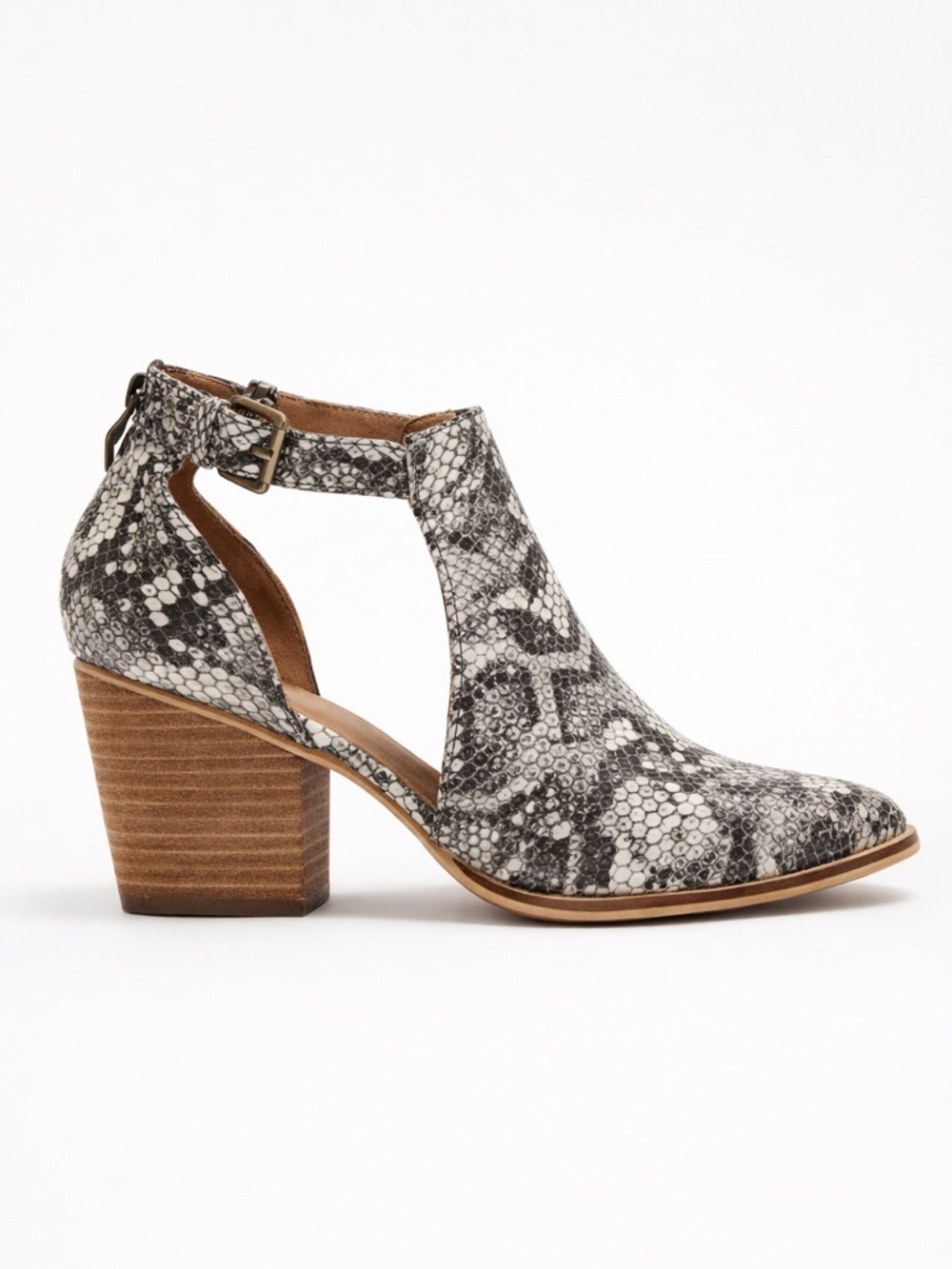 CATHERINE MALANDRINO Gray Snakeskin Cutout Ankle Booties Pointed Toe Block Heel